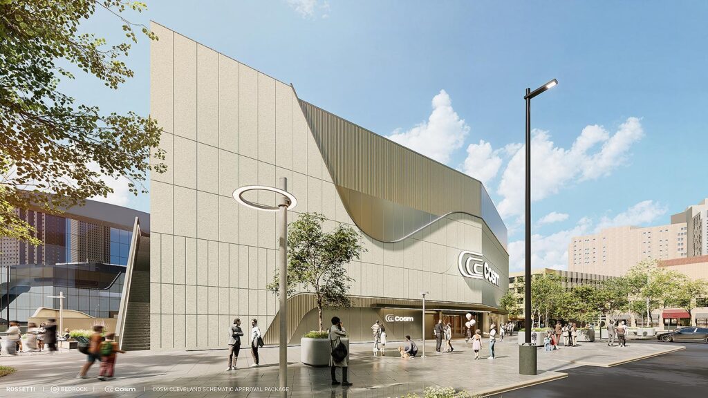 Cosm, Bedrock and Rock Entertainment Group released a proposed renderings of the new immersive sports and entertainment venue during the day from street level located off East 4th Street in Downtown Cleveland, OH.