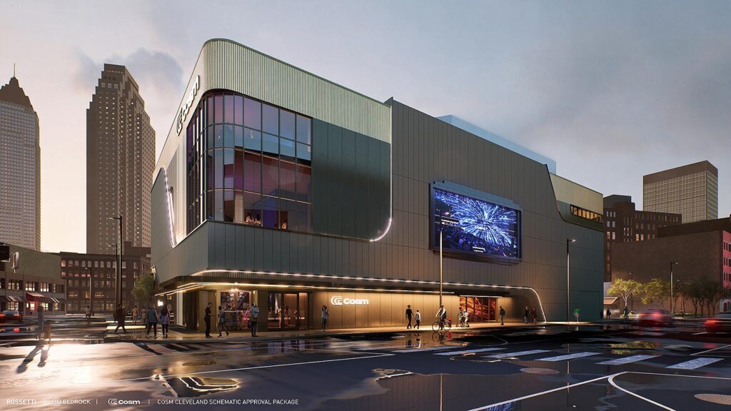 Cosm, Bedrock and Rock Entertainment Group released a proposed renderings of the new immersive sports and entertainment venue at night from street level located off Huron Road in Downtown Cleveland, OH.