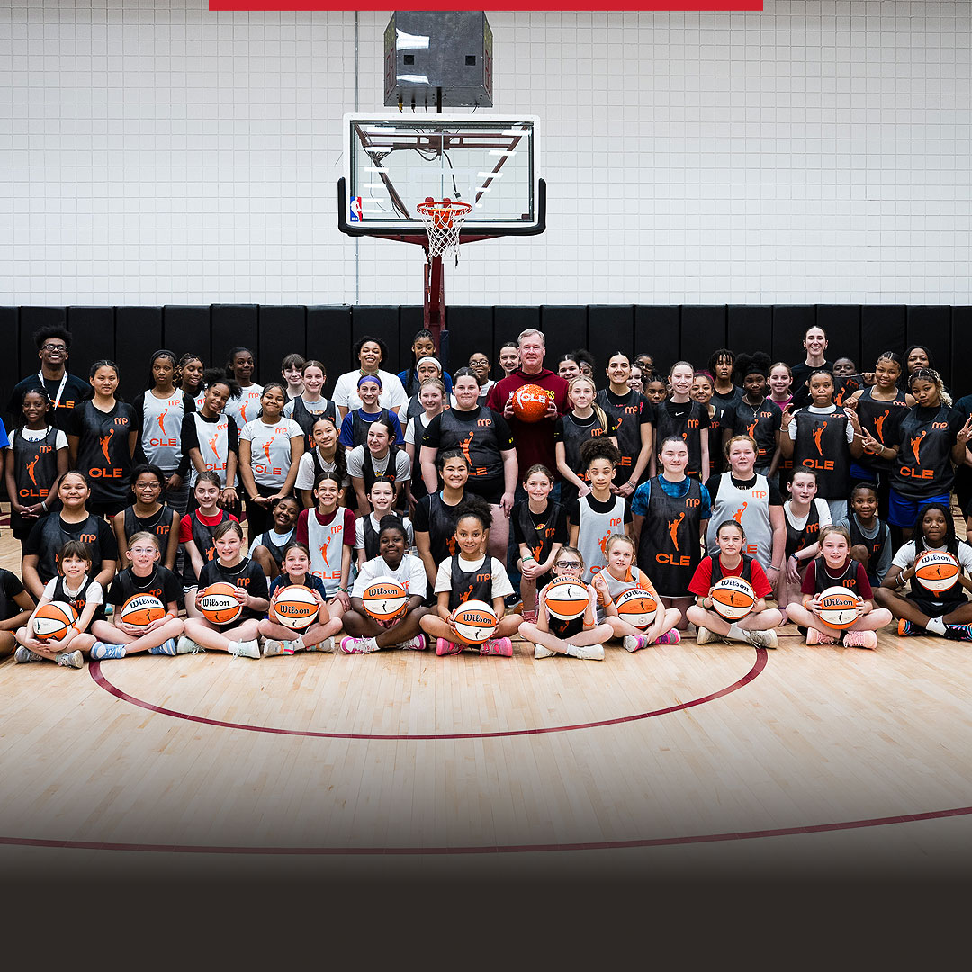 Cavaliers Legend Mark Price shown at Rocket Arena with 60 girls, aged 8-14, who participated in the 28th female-focused event since September 2025.