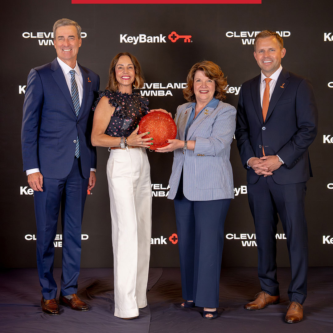 Left to Right: Christopher M. Gorman, Chairman and Chief Executive Officer; Allison Howard, Cleveland WNBA, President of Business Operations; Trina Evans, Chief of Staff and Director of Corporate Center, KeyBank; Nic Barlage, Chief Executive Officer of Rock Entertainment Group (REG)
